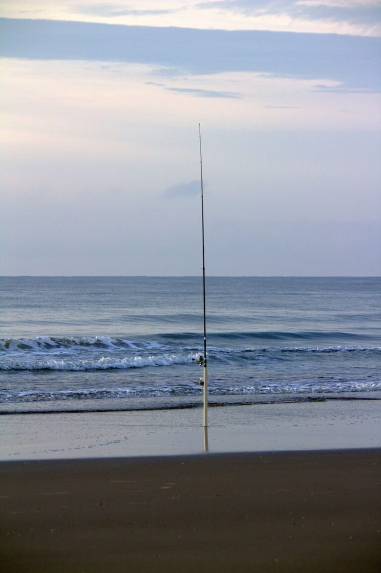 Peaceful beach with a fishing rod by the ocean in Guaratuba, Brazil.