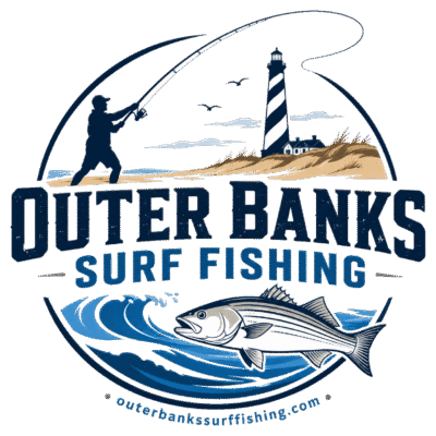 Outer Banks Surf Fishing logo featuring Cape Hatteras lighthouse, an angler casting a surf rod, and a striped bass