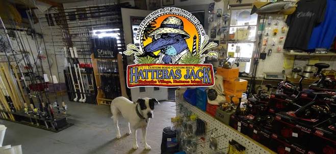 Surf fishing reels and rods on display inside the Hatteras Jack tackle shop in Rodanthe, NC