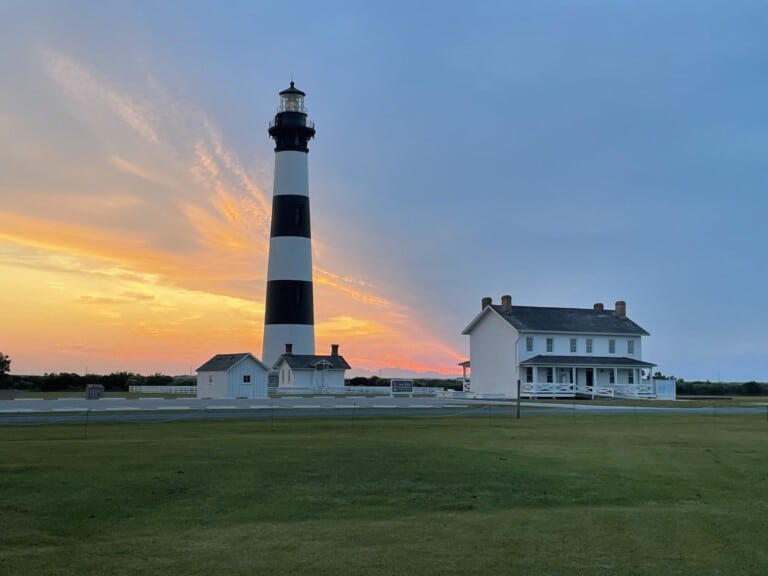 Bodie Island Lighthouse and keepers quarters at sunrise near ORV Ramp 2 on the Outer Banks
