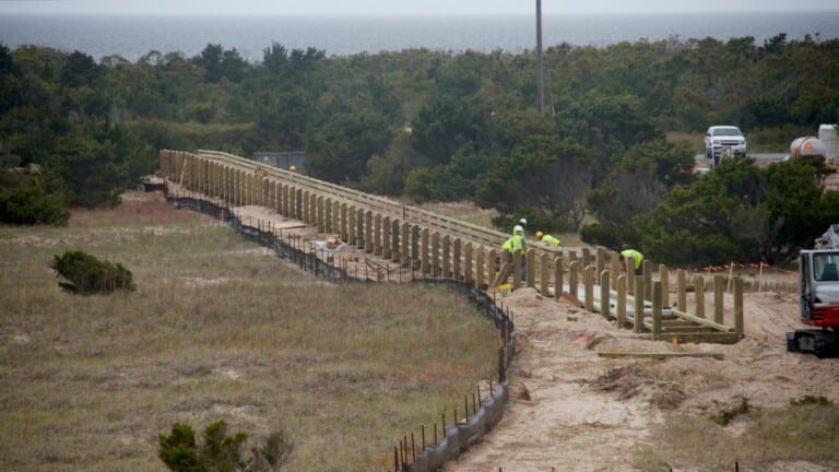 New wooden boardwalk under construction at ORV Ramp 25 in Salvo, Cape Hatteras National Seashore