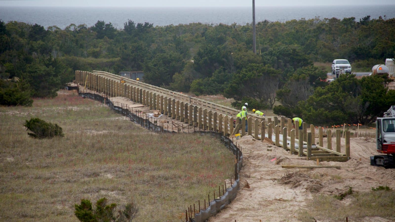 New wooden boardwalk under construction at ORV Ramp 25 in Salvo, Cape Hatteras National Seashore