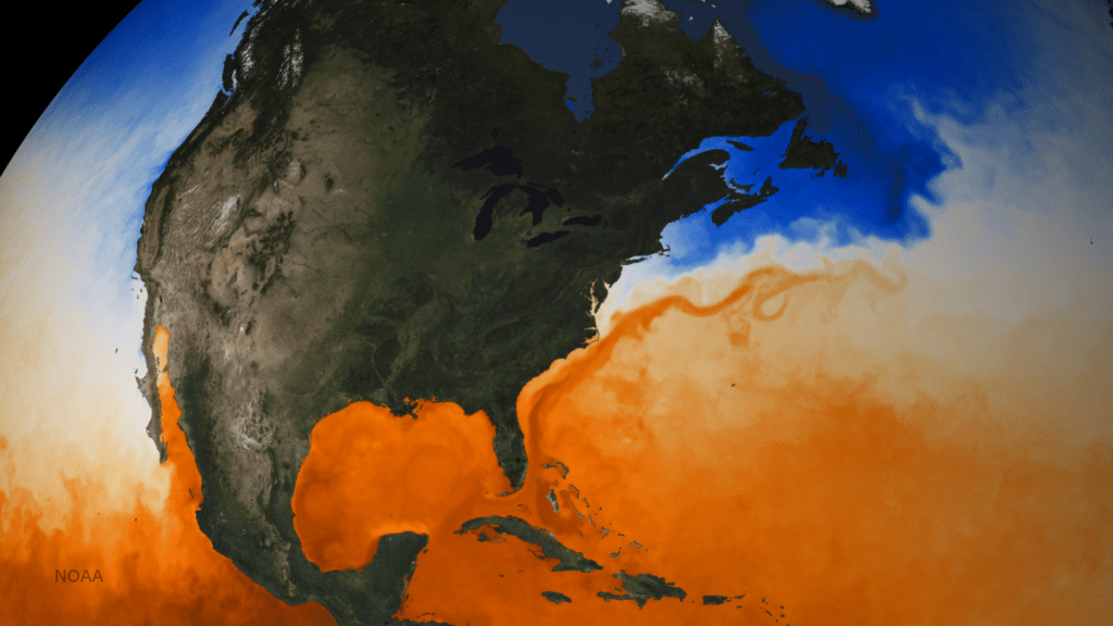 Satellite sea surface temperature image showing the warm Gulf Stream leaving the coast at Cape Hatteras