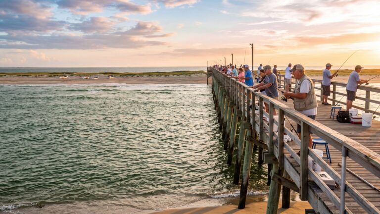 A weathered wooden fishing pier stretching into a green ocean with anglers along the rail — Outer Banks, NC