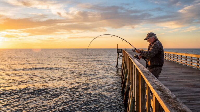 A long wooden fishing pier at golden hour with an angler bent into a heavy rod at the end — Outer Banks, NC