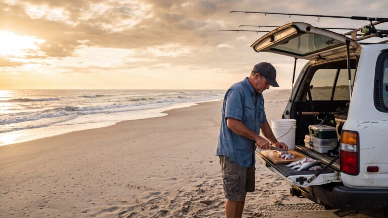 An angler at the open tailgate of a 4x4 on the beach cutting a fresh mullet into chunks for bait — Outer Banks, NC