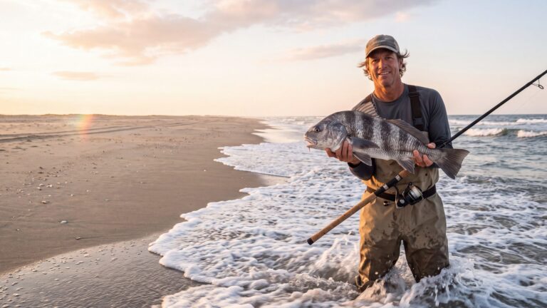 An angler in waders holding up a heavy grey-black black drum with dark vertical bars and chin barbels — Outer Banks, NC