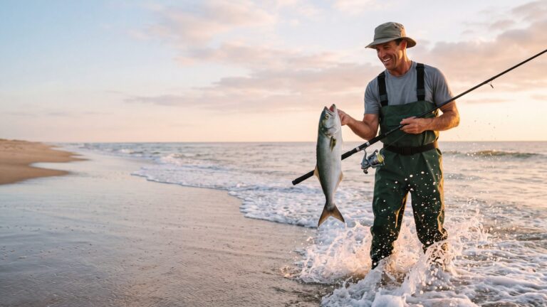 An angler in waders standing knee-deep in surf holding up a silver-blue bluefish with a yellow eye — Outer Banks, NC