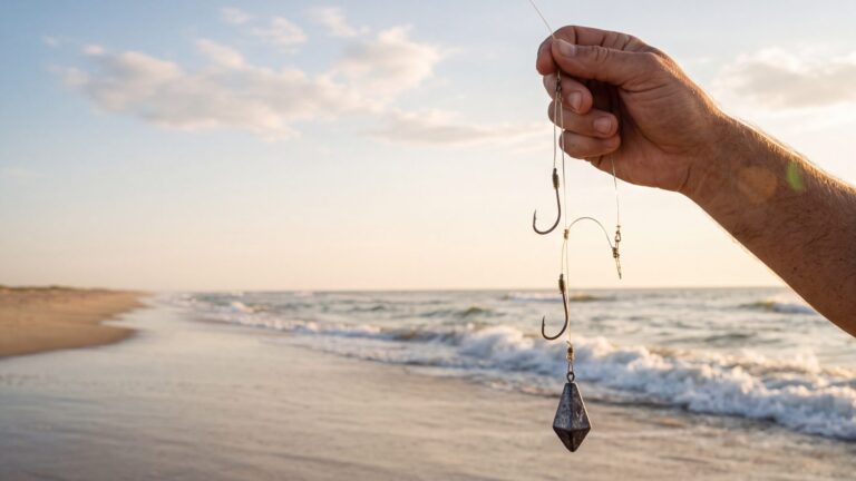 A close view of a two-hook bottom rig with a pyramid sinker held up against the sky by a hand, surf behind — Outer Banks, NC