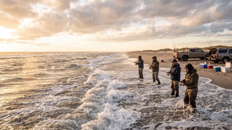 Anglers wading out on a broad sand point where two lines of surf collide in a V of white water, 4x4 trucks parked behind them — Outer Banks, NC
