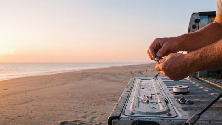 Hands threading an egg sinker onto line for a Carolina rig over a tailgate, hooks and beads laid out — Outer Banks, NC