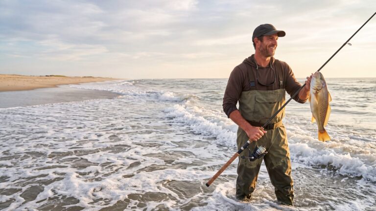 An angler in waders standing knee-deep in surf holding up a golden-bronze croaker — Outer Banks, NC