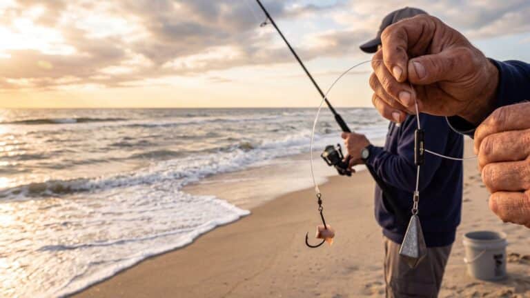 Hands holding up a fish finder rig with a sliding sinker clip and a circle hook against the surf — Outer Banks, NC