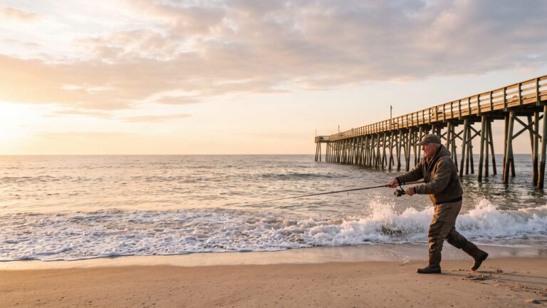 A wide beach at golden hour with an angler casting in the surf and a wooden pier far down the beach — Outer Banks, NC