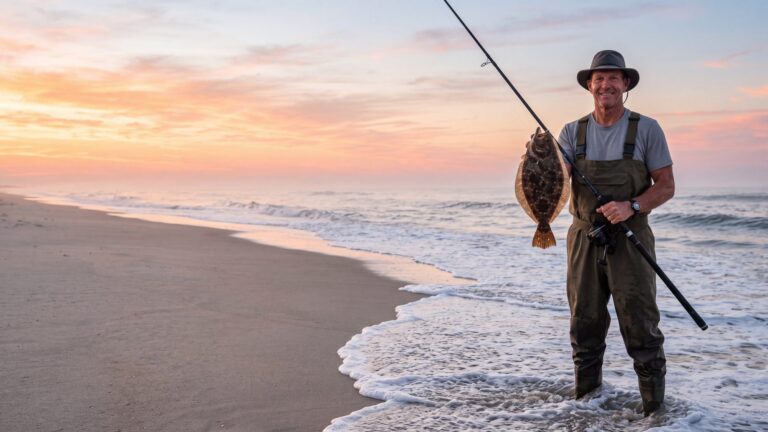 An angler in waders standing knee-deep in surf holding up a brown flat flounder with both eyes on the top side — Outer Banks, NC