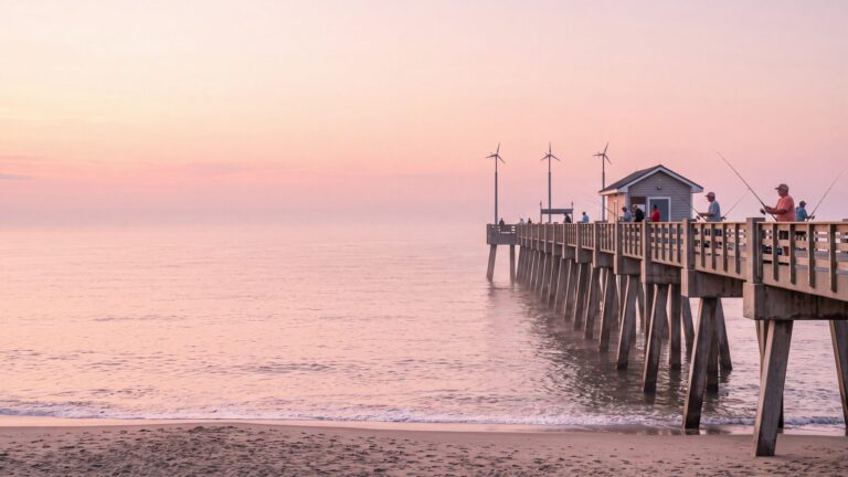 A long concrete fishing pier with a pier house and three small wind turbines stretching into the ocean at sunrise — Outer Banks, NC