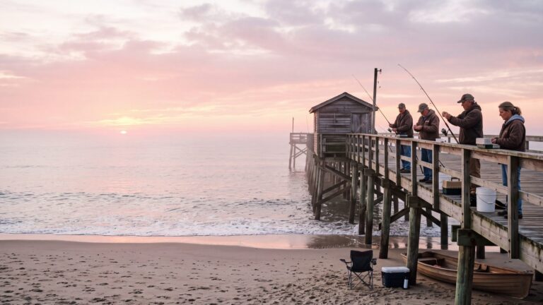 An old wooden fishing pier with a small pier house, seen from the beach at dawn, anglers at the rail — Outer Banks, NC