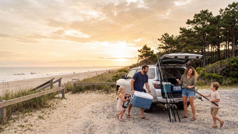 A family unloading surf rods and a cooler from a SUV at a beach access lot under pines — Outer Banks, NC