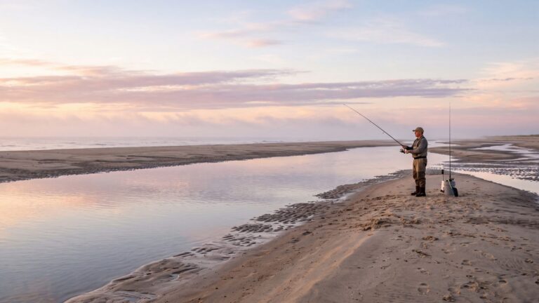 A wide beach at dead low tide with exposed sandbars and a long shallow slough, an angler standing on a bar with a rod — Outer Banks, NC