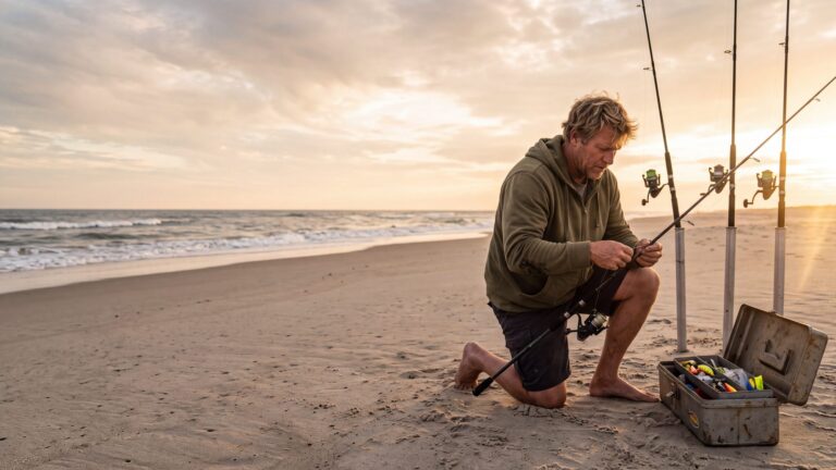An angler kneeling on the sand rigging a rod, a tackle box open beside him, three rods in spikes behind — Outer Banks, NC