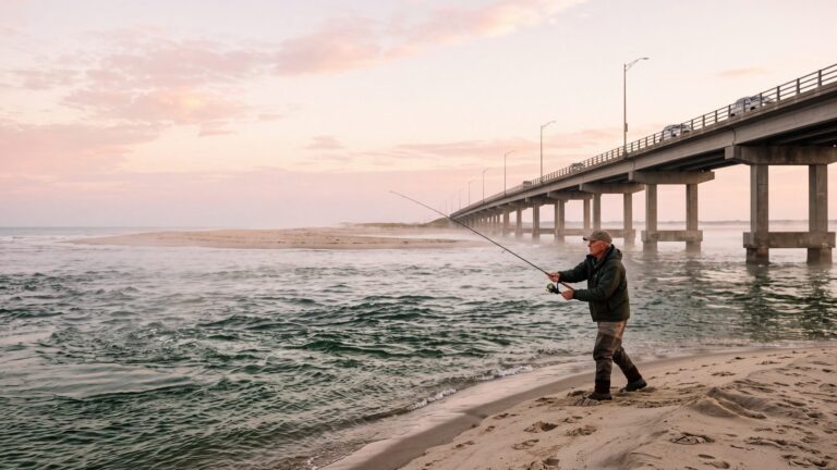 An angler casting into an inlet's fast green water from a sand spit with a long modern highway bridge on tall piers behind — Outer Banks, NC
