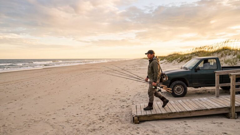 A 4x4 truck parked on hard sand near a wooden boardwalk over the dune, an angler carrying rods toward the surf — Outer Banks, NC
