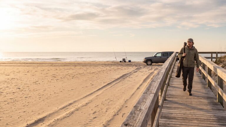 A wooden dune boardwalk beside a sandy vehicle ramp, an angler with a rod bag walking down it, a 4x4 on the sand beyond — Outer Banks, NC