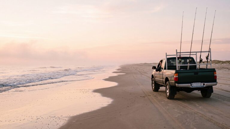 A 4x4 truck driving south on hard sand at low tide with rods in a rack, a long empty beach — Outer Banks, NC