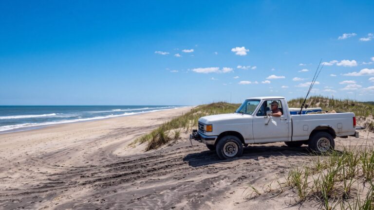 A 4x4 truck aired down and idling at the top of a sandy ramp between low dunes — Outer Banks, NC