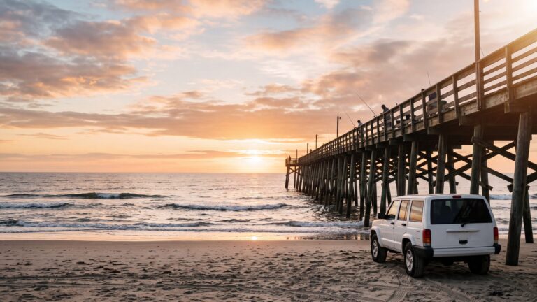 A 4x4 SUV parked on the beach beside a wooden fishing pier stretching into the ocean — Outer Banks, NC