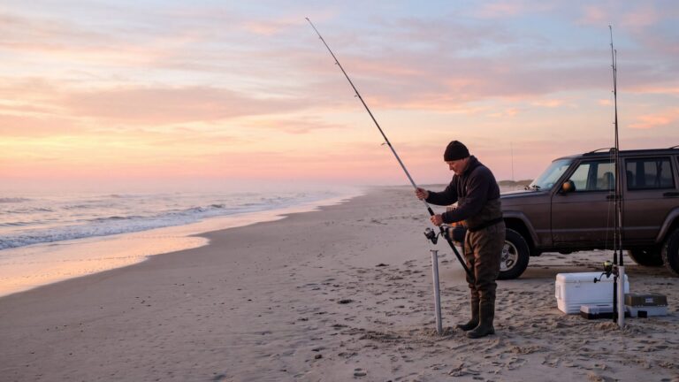 An angler setting rods in sand spikes beside a 4x4 on a wide flat beach at first light — Outer Banks, NC