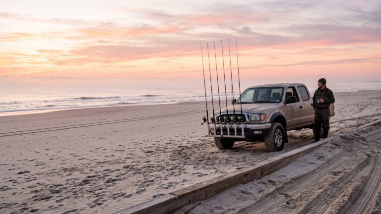 A 4x4 truck with rods on the front rack at the foot of a sandy ramp onto a wide empty beach — Outer Banks, NC