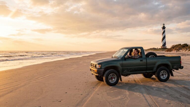 A 4x4 truck driving along a wide flat beach toward a distant spiral-striped lighthouse — Outer Banks, NC