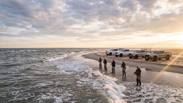 A line of 4x4 trucks parked on a broad sand point with anglers wading out where two lines of surf meet — Outer Banks, NC