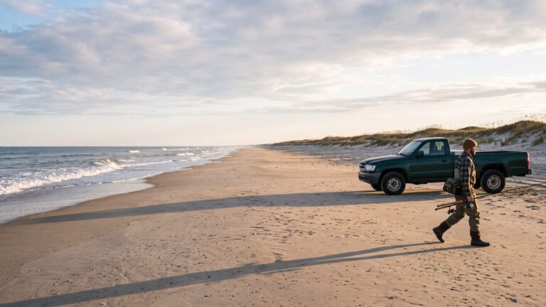 A 4x4 truck on a wide quiet beach with a low dune line behind, an angler walking toward the surf with two rods — Outer Banks, NC