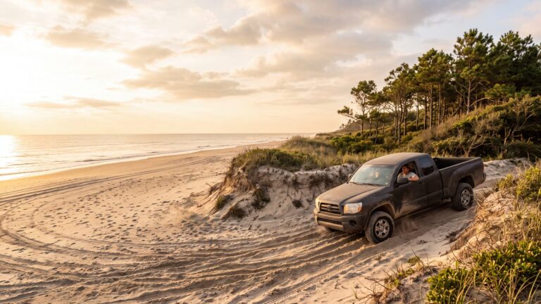 A 4x4 truck coming down a sandy ramp through a cut in low dunes with pines behind — Outer Banks, NC