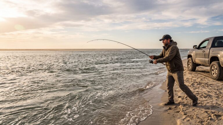 An angler casting into an inlet's fast green water from a sand spit beside a 4x4 — Outer Banks, NC