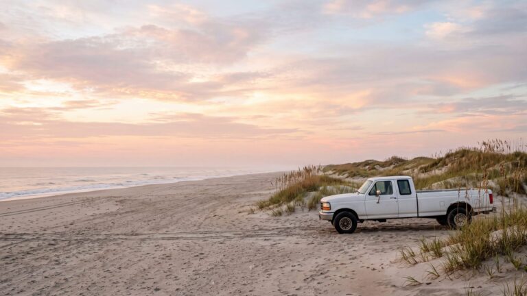 A 4x4 truck on an empty beach at the edge of low dunes with sea oats, no houses anywhere — Outer Banks, NC