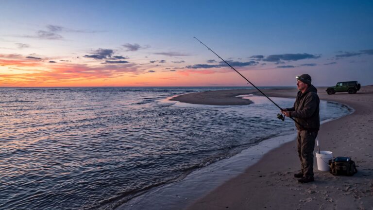An angler alone with a surf rod on a vast empty beach near an inlet at sunset, a 4x4 far behind — Outer Banks, NC