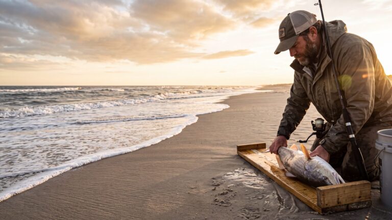 An angler measuring a red drum against a measuring board on the wet sand before release — Outer Banks, NC