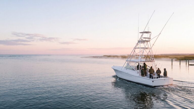 A white sportfishing boat with a tuna tower running out an inlet at first light — Outer Banks, NC