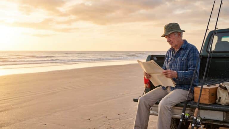 An older man in a fishing hat sitting on a tailgate reading a folded paper, surf rods beside him — Outer Banks, NC