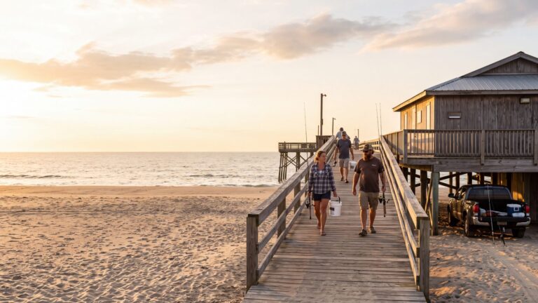 A classic wooden fishing pier with a low pier house beside a beach road, anglers walking out with rods — Outer Banks, NC