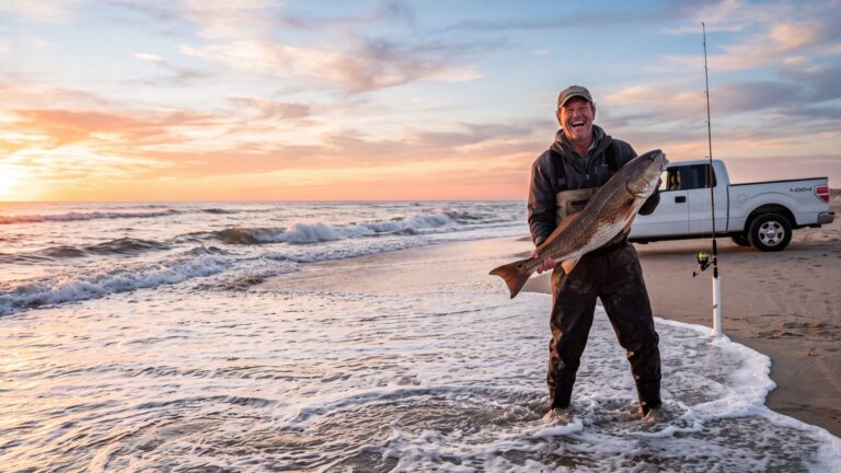 An angler holding up a big red drum in the surf with a 4x4 behind him on the sand — Outer Banks, NC