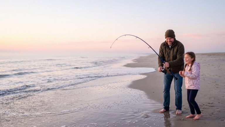 A father and a young daughter in light jackets at the tide line with a small surf rod bent over, both grinning — Outer Banks, NC