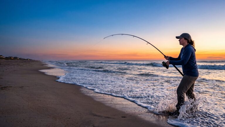 A young woman in a sun shirt and cap standing at the tide line at dusk holding a bent surf rod, spray at her feet — Outer Banks, NC