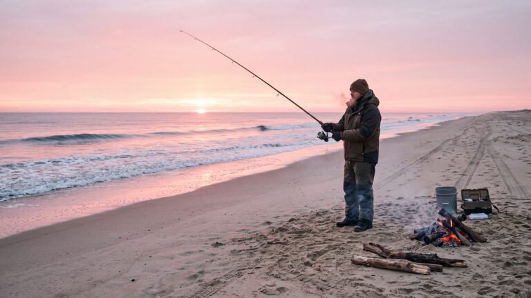 An angler in full winter gear at the water's edge at dawn with a long surf rod, a small driftwood fire behind him on the sand — Outer Banks, NC