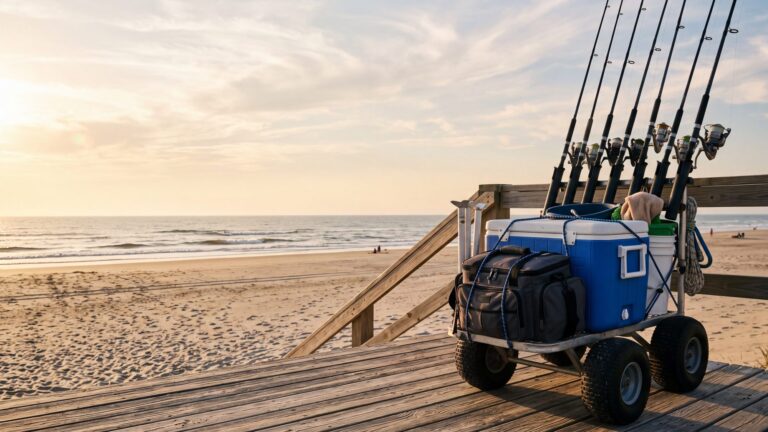 A beach cart loaded with surf rods, a cooler, sand spikes and a tackle bag at the top of a dune walkway — Outer Banks, NC