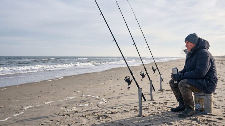 A lone angler in a hooded parka beside three surf rods in sand spikes on an empty winter beach — Outer Banks, NC