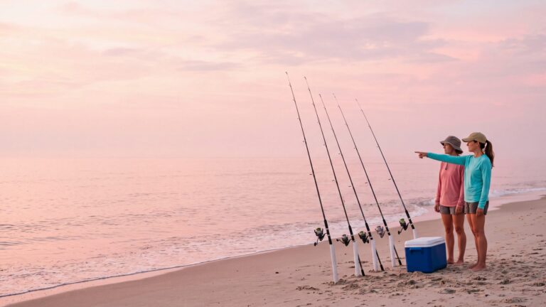 Two friends in sun shirts and hats beside a row of surf rods in sand spikes and a cooler at sunrise, one pointing at the surf — Outer Banks, NC